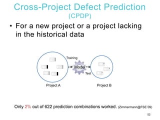 Cross-Project Defect Prediction
(CPDP)
• For a new project or a project lacking
in the historical data
52
?
?
?
Training
Test
Model
Project A Project B
Only 2% out of 622 prediction combinations worked. (Zimmermann@FSE`09)
 