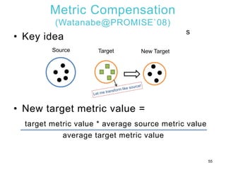 Metric Compensation
(Watanabe@PROMISE`08)
• Key idea
• New target metric value =
target metric value * average source metric value
average target metric value
55
s
Source Target New Target
 