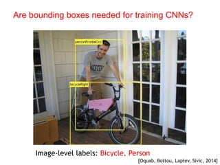 Are bounding boxes needed for training CNNs? 
Image-level labels: Bicycle, Person 
[Oquab, Bottou, Laptev, Sivic, 2014]  