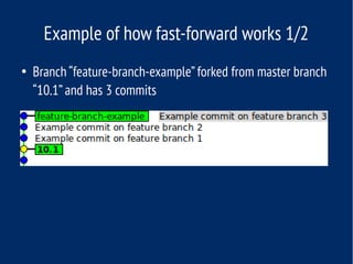 Example of how fast-forward works 1/2
●
Branch“feature-branch-example”forked from master branch
“10.1”and has 3 commits
 