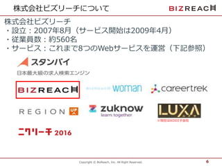 Copyright © BizReach, Inc. All Right Reserved.
株式会社ビズリーチについて
6
株式会社ビズリーチ
・設立：2007年8月（サービス開始は2009年4月）
・従業員数：約560名
・サービス：これまで8つのWebサービスを運営（下記参照）
※現在はKDDI子会社
 