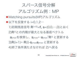 Copyright(C) Open Stream, Inc. All Rights Reserved.
スパース信号分解
アルゴリズム例：MP
■ Matching pursuits(MP)アルゴリズム
■ 以下を反復する i=0,1,2…
1)初期残差信号 R(i=0)=f, s=(0,0,…,0)とおく
2)R(i)との内積が最大となる基底ベクトル
ajmaxを検索し、sjmax←ajmax
TR(i) と更新する
3)R(i+1)←R(i)-sjmaxajmax と更新する
4)終了条件満たさなければ 2)へ戻る
19
 