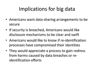 Implications for big data
• Americans want data-sharing arrangements to be
secure
• If security is breached, Americans would like
disclosure mechanisms to be clear and swift
• Americans would like to know if re-identification
processes have compromised their identities
• They would appreciate a process to gain redress
from harms caused by data breaches or re-
identification efforts
 