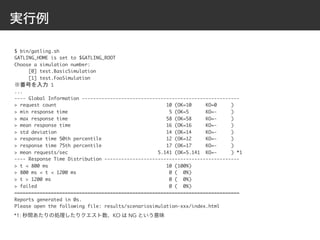 実行例
$	bin/gatling.sh

GATLING_HOME	is	set	to	$GATLING_ROOT

Choose	a	simulation	number:

					[0]	test.BasicSimulation

					[1]	test.FooSimulation

※番号を入力	1

...

----	Global	Information	--------------------------------------------------------

>	request	count																																							10	(OK=10					KO=0					)

>	min	response	time																																				5	(OK=5						KO=-					)

>	max	response	time																																			58	(OK=58					KO=-					)

>	mean	response	time																																		16	(OK=16					KO=-					)

>	std	deviation																																							14	(OK=14					KO=-					)

>	response	time	50th	percentile																							12	(OK=12					KO=-					)

>	response	time	75th	percentile																							17	(OK=17					KO=-					)

>	mean	requests/sec																																5.141	(OK=5.141		KO=-					)	*1

----	Response	Time	Distribution	------------------------------------------------

>	t	<	800	ms																																										10	(100%)

>	800	ms	<	t	<	1200	ms																																	0	(		0%)

>	t	>	1200	ms																																										0	(		0%)

>	failed																																															0	(		0%)

================================================================================

Reports	generated	in	0s.

Please	open	the	following	file:	results/scenariosimulation-xxx/index.html

*1: 秒間あたりの処理したりクエスト数、KO は NG という意味
 