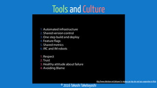 © 2016 Takashi Takebayashi
Tools and Culture
http://www.slideshare.net/jallspaw/10-deploys-per-day-dev-and-ops-cooperation-at-ﬂickr
 