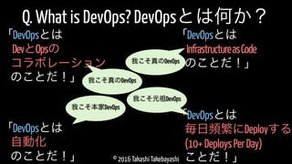 © 2016 Takashi Takebayashi
自動化
「DevOpsとは
のことだ！」
Q. What is DevOps? DevOpsとは何か？
DevとOpsの
「DevOpsとは
コラボレーション
のことだ！」
毎日頻繁にDeployする
「DevOpsとは
(10+DeploysPerDay)
ことだ！」
InfrastructureasCode
「DevOpsとは
のことだ！」
我こそ元祖DevOps
我こそ本家DevOps
我こそ真のDevOps
我こそ真のDevOps
 