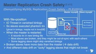 18
Master Replication Crash Safety [2 of 5]
(Demystifying MySQL Replication Crash Safety – PLEU2018)
With file+position
• IO Thread in vanished binlogs
• So slaves executed phantom trx
(ghost in binlogs, maybe not in InnoDB)
• When the master is restarted:
• It records trx in new binlog file
• Most slaves are broken, and they might be out-of-sync with each-others
• Some lagging slave might skip vanished binlogs
Ø Broken slaves have more data than the master (à data drift)
Ø And different data drift on “lucky” lagging slaves that might not break
 