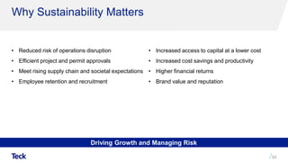 Why Sustainability Matters
53
• Increased access to capital at a lower cost
• Increased cost savings and productivity
• Higher financial returns
• Brand value and reputation
• Reduced risk of operations disruption
• Efficient project and permit approvals
• Meet rising supply chain and societal expectations
• Employee retention and recruitment
Driving Growth and Managing Risk
 