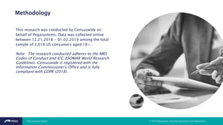 Methodology
This research was conducted by Censuswide on
behalf of Pegasystems. Data was collected online
between 12.21.2018 - 01.02.2019 among the total
sample of 2,018 US consumers aged 18+.
Note: The research conducted adheres to the MRS
Codes of Conduct and ICC/ESOMAR World Research
Guidelines. Censuswide is registered with the
Information Commissioner's Office and is fully
compliant with GDPR (2018).
© 2019 Pegasystems. Used with permission from Pegasystems.Pega Consumer Report
 