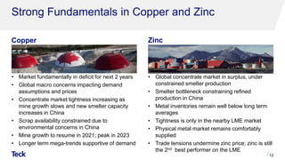 Strong Fundamentals in Copper and Zinc
Copper Zinc
• Market fundamentally in deficit for next 2 years
• Global macro concerns impacting demand
assumptions and prices
• Concentrate market tightness increasing as
mine growth slows and new smelter capacity
increases in China
• Scrap availability constrained due to
environmental concerns in China
• Mine growth to resume in 2021; peak in 2023
• Longer term mega-trends supportive of demand
• Global concentrate market in surplus, under
constrained smelter production
• Smelter bottleneck constraining refined
production in China
• Metal inventories remain well below long term
averages
• Tightness is only in the nearby LME market
• Physical metal market remains comfortably
supplied
• Trade tensions undermine zinc price; zinc is still
the 2nd best performer on the LME
12
 