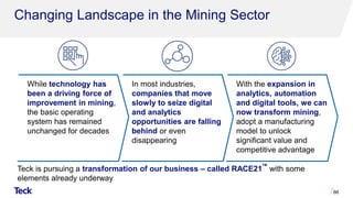 Changing Landscape in the Mining Sector
66
Teck is pursuing a transformation of our business – called RACE21
TM
with some
elements already underway
With the expansion in
analytics, automation
and digital tools, we can
now transform mining,
adopt a manufacturing
model to unlock
significant value and
competitive advantage
While technology has
been a driving force of
improvement in mining,
the basic operating
system has remained
unchanged for decades
In most industries,
companies that move
slowly to seize digital
and analytics
opportunities are falling
behind or even
disappearing
 