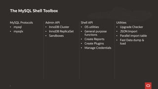 MySQL Protocols
• mysql
• mysqlx
Admin API
• InnoDB Cluster
• InnoDB ReplicaSet
• Sandboxes
Shell API
• OS utilities
• General purpose
functions
• Create Reports
• Create Plugins
• Manage Credentials
Utilities
• Upgrade Checker
• JSON Import
• Parallel import table
• Fast Data dump &
load
The MySQL Shell Toolbox
5
 