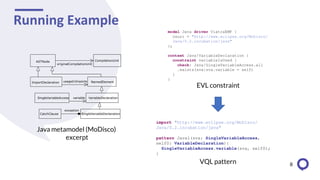 Running Example
8
Java metamodel (MoDisco)
excerpt
EVL constraint
VQL pattern
 