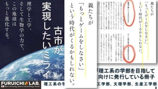 古
市
が
実
現
し
た
い
ミ
ラ
イ
日本大学が理工系の学部を目指して
いる受験生向けに発行している冊子
・
・
・
・
・
・
・
・
・
・
・
・
・
・
理工系の学部＝理工学部 ，工学部，文理学部，生産工学部
・
・
・
・
・
・
・
・
・
・
・
・
・
・
・
・
・
・
・
・
・
・
3
 