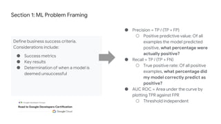 Section 1: ML Problem Framing
Define business success criteria.
Considerations include:
● Success metrics
● Key results
● Determination of when a model is
deemed unsuccessful
● Precision = TP / (TP + FP)
○ Positive predictive value: Of all
examples the model predicted
positive, what percentage were
actually positive?
● Recall = TP / (TP + FN)
○ True positive rate: Of all positive
examples, what percentage did
my model correctly predict as
positive?
● AUC ROC = Area under the curve by
plotting TPR against FPR
○ Threshold independent
 