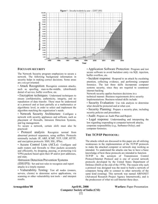 FOCUS ON SECURITY                                             • Application Software Protection: Program and test
                                                                 secure software to avoid backdoor entry via SQL injection,
   The Network Security program emphasizes to secure a
                                                                 buffer overflow, etc.
   network. The following background information in
   security helps in making correct decisions. Some areas        • Incident response: Respond to an attack by escalating
   are concept-oriented:                                         attention, collecting evidence, and performing computer
                                                                 forensics. The last three skills incorporate computer
   • Attack Recognition: Recognize common attacks,
                                                                 systems security, since they are required to counteract
   such as spoofing, man-in-the-middle, (distributed)
                                                                 internet hacking.
   denial of service, buffer overflow, etc.
                                                                 Network security applies business decisions in a
   • Encryption techniques: Understand techniques to             technical manner. Business requirements drive security
   ensure confidentiality, authenticity, integrity, and no       Implementations. Business-related skills include:
   repudiation of data transfer. These must be understood        • Security Evaluation: Use risk analysis to determine
   at a protocol and at least partially at a mathematics or
                                                                 what should be protected and at what cost.
   algorithmic level, in order to select and implement the
   algorithm matching the organization’s needs.                  • Security Planning: Prepare a security plan, including
                                                                 security policies and procedures.
   • Network Security Architecture: Configure a
   network with security appliances and software, such as        • Audit: Prepare an Audit Plan and Report.
   placement of firewalls, Intrusion Detection Systems,          • Legal response: Understanding and interpreting the
   and log management.                                           law regarding responding to computer/network attacks,
   To secure a network, certain skills must also be              corporate responsibility (e.g., Sarbanes-Oxley), and
   practiced:                                                    computer forensics.
   • Protocol analysis: Recognize normal from
   abnormal protocol sequences, using sniffers. Protocols       THE TCP/IP PROTOCOL:
   minimally include: IP, ARP, ICMP, TCP, UDP, HTTP,
   and encryption protocols: SSH, SSL, IPSec.                   The attacks which are discussed in this paper are all utilizing
   • Access Control Lists (ACLs): Configure and                 weaknesses in the implementation of the TCP/IP protocols
   audit routers and firewalls to filter packets accurately     to make the attacked computer or network stop working as
   and efficiently, by dropping, passing, or protecting (via    intended. To understand the attacks one has to have a basic
   VPN) packets based upon their IP and/or port addresses,      knowledge of how these protocols are intended to function.
   and state.                                                   TCP/IP is the acronym of Transmission Control
   •Intrusion Detection/Prevention Systems                      Protocol/Internet Protocol and is one of several network
                                                                protocols developed by the United States Department of
   (IDS/IPS): Set and test rules to recognize and report        Defense (DoD) at the end of the 1970s. The reason why such
   attacks in a timely manner.                                  a protocol was designed was the need to build a network of
   • Vulnerability Testing: Test all nodes (routers,            computers being able to connect to other networks of the
   servers, clients) to determine active applications, via      same kind (routing). This network was named ARPANET
   scanning or other vulnerability test tools – and interpret   (Advanced Research Project Agency Internetwork), and is
   results.                                                     the predecessor of what we call Internet these days.

Armageddon’08                                       April 01, 2008                           Warfare: Paper Presentation
                                             Computer Society of India (CSI)
                                                          [2]
 