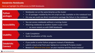 Databricks Notebooks
Here we highlight the differences to EMR Notebooks
• Notebooks run on the same binaries as the cluster
• i.e. all packages installed by the init script are also available on the notebook host
• this way we could use direct visualization package like folium in the notebook
Python
packages
• You can access notebooks without a running cluster
• Attaching notebooks to another cluster is just a click
• no more restarts as with EMR Notebooks
Accessibility
• Code Completion
• Quick visualization of SQL results
Usability
• If you prefer to write Python programs instead of Notebooks
• submit a local script from your laptop to a running All-Purpose cluster
• Beware of different time zones on your machine and the cloud instance!
Databricks
Connect
 