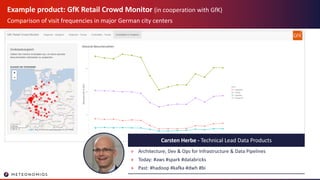 Example product: GfK Retail Crowd Monitor (in cooperation with GfK)
Comparison of visit frequencies in major German city centers
Carsten Herbe - Technical Lead Data Products
» Architecture, Dev & Ops for Infrastructure & Data Pipelines
» Today: #aws #spark #databricks
» Past: #hadoop #kafka #dwh #bi
 