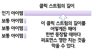 인기 아이템
보통 아이템
클릭 스트림의 길이
보통 아이템
보통 아이템
이 클릭 스트림의 길이를
어떻게든 해야
등장할 때마다
퍼포먼스 깽판 치는 것을
막을 수 있다.
 