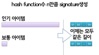 인기 아이템
S1 S2 … Sn
S1 S2 … Sn
보통 아이템
hash function수 n만큼 signature생성
이제는 모두  
같은 길이
 