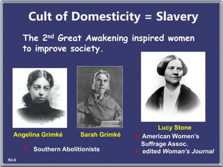 Cult of Domesticity = Slavery
The 2nd Great Awakening inspired women
to improve society.
Angelina Grimké Sarah Grimké
 Southern Abolitionists
Lucy Stone
 American Women’s
Suffrage Assoc.
 edited Woman’s Journal
R2-9
 