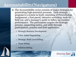 Accountability(Navigators)
 The AccountAbility series consists of major strategies for
penetrating high-potential accounts. Each strategic
program is a system in itself, consisting of Preworkshop
Assignment, a fast-paced, intensive workshop, tools for
field use, and a manager’s guide to follow up/monitor
performance. The participants acquire the strategic
process, supporting tactics, and skills through
participation, practice and field application.
o Strategic Business Development
o Value Added Negotiating
o Strategic Multi Level Selling
o Team Selling
o Solution Selling.
 