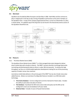 SOP - Master Page 15
4.5 ORG CHART
SpryWare was founded by Mike Kreutzjans and Dan May in 2004. Both Mike and Dan continue to
play in integral part in the day-to-day running of SpryWare and function as the senior members of
the SpryWare team. A copy of the company Organizational Chart, current as of November 23, 2012,
is shown below. An updated copy of the Org Chart can be found in the Shared Documents section of
the SpryWare SharePoint site.
Directors
Daniel May & Mike Kreutzjans
VP Sales & Marketing
Paul Zinone
Regional Sales Director
Dan Curry
Director of Development
Al Pintoy
Director of
Operations & Support
Dan Schwartz
Business
Operations Manager
Agata Lipinski
Regional Sales Director
Morgan Roberts
Software Eng.
John Dibling
Software Eng.
Danny Bordelon
Software Eng.
Inna Brodkin
Operations Manager
Terry Guder
Quality Assurance
Manager
Ron Lindstrom
Director of
Client Service
Keith Tylke
Director of
East Coast OPS
Tony Padovano
Regional Sales Director
Adam Growick
Operations Support
Specialist
Tim Perkin
Operations Support
Specialist
Dan Kim
4.6 PRODUCTS
4.6.1 The Direct Market Server (DMS)
The SpryWare Direct Market Server (DMS) ™ is a fully managed ticker plant designed to deliver
direct market data with virtually no latency. The DMS™ connects directly to exchange feeds while
normalizing and distributing the data to clients in under 100 microseconds. To achieve this high
throughput, we focus on multithreaded application development making full use of the processing
capacity of modern server class machines.
Low latency market data delivery is the primary goal of the DMS™ but we also include many value
added features. Below is an overview of configurable features included in our MIS ticker plant
technology.
 Time Series Database – Can be configured to set time intervals for historic data. Includes
the ability to pick select only data of interest.
 Tick Database – By default the MIS stores every trade and quote, but the MIS can be
configured to store any tick database to fit your needs.
 Historical Data – Includes 15 years of Equity historical data
 