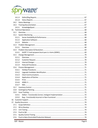 SOP - Master Page 8
14.1.3 Defect/Bug Reports.............................................................................................................67
14.1.4 Status Reports.....................................................................................................................67
14.2 Status Meetings ..........................................................................................................................67
14.3 Training Documentation .............................................................................................................67
14.3.1 KnowledgeQuest.................................................................................................................67
15. Technical Operations ..........................................................................................................................68
15.1 Overview.....................................................................................................................................68
15.2 System Monitoring......................................................................................................................68
15.2.1 Server Availability & Performance......................................................................................68
15.2.2 Application Software...........................................................................................................68
15.2.3 Website...............................................................................................................................68
15.3 Problem Management................................................................................................................68
15.3.1 Overview .............................................................................................................................68
15.4 Problem Description & Resolution..............................................................................................69
15.4.1 ALERT !!! mail.spryware.local ques is x items (ADM1) .......................................................69
15.5 Change Management..................................................................................................................70
15.5.1 Overview .............................................................................................................................70
15.5.2 Customer Request...............................................................................................................70
15.5.3 Internal Changes .................................................................................................................70
15.5.4 Policy & Procedures ............................................................................................................70
15.6 Process Management .................................................................................................................71
15.6.1 Holiday Procedures.............................................................................................................71
15.6.2 Upgrade Candidate Identification.......................................................................................71
15.6.3 Client Communications.......................................................................................................71
15.6.4 Application of Patches ........................................................................................................71
15.6.5 Prine....................................................................................................................................71
15.6.6 ADM1-3...............................................................................................................................71
15.6.7 NAS......................................................................................................................................71
15.7 Inventory Control........................................................................................................................71
15.8 Contingency Planning..................................................................................................................71
15.9 Issue Tracking..............................................................................................................................71
15.9.1 Defect – Functionally Correct, Inelegant Implementation .................................................72
15.9.2 Bug – Functionally Incorrect or Non-Functional.................................................................72
16. Customer Support...............................................................................................................................73
17. Quality Assurance ...............................................................................................................................74
17.1 Scope Definition..........................................................................................................................74
17.2 OK to Develop .............................................................................................................................74
17.3 Unit Testing.................................................................................................................................74
17.4 Push to QA ..................................................................................................................................74
17.5 Quality Control Testing ...............................................................................................................74
17.6 Push to Beta (Controlled Production Release) ...........................................................................74
 