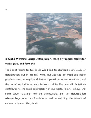 15
4. Global Warming Cause: Deforestation, especially tropical forests for
wood, pulp, and farmland
The use of forests for fuel (both wood and for charcoal) is one cause of
deforestation, but in the first world, our appetite for wood and paper
products, our consumption of livestock grazed on former forest land, and
the use of tropical forest lands for commodities like palm oil plantations
contributes to the mass deforestation of our world. Forests remove and
store carbon dioxide from the atmosphere, and this deforestation
releases large amounts of carbon, as well as reducing the amount of
carbon capture on the planet.
 