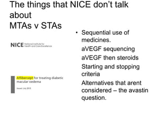 The things that NICE don’t talk
about
MTAs v STAs
• Sequential use of
medicines.
• aVEGF sequencing
• aVEGF then steroids
• Starting and stopping
criteria
• Alternatives that arent
considered – the avastin
question.
 