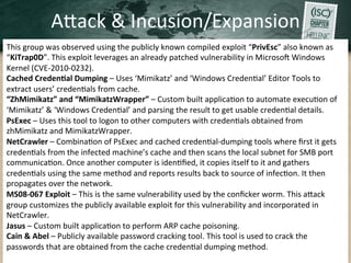 AHack	
  &	
  Incusion/Expansion	
  
This	
  group	
  was	
  observed	
  using	
  the	
  publicly	
  known	
  compiled	
  exploit	
  “PrivEsc”	
  also	
  known	
  as	
  
“KiTrap0D”.	
  This	
  exploit	
  leverages	
  an	
  already	
  patched	
  vulnerability	
  in	
  Microsog	
  Windows	
  
Kernel	
  (CVE-­‐2010-­‐0232).	
  
Cached	
  CredenDal	
  Dumping	
  –	
  Uses	
  ‘Mimikatz’	
  and	
  ‘Windows	
  CredenQal’	
  Editor	
  Tools	
  to	
  
extract	
  users’	
  credenQals	
  from	
  cache.	
  
“ZhMimikatz”	
  and	
  “MimikatzWrapper”	
  –	
  Custom	
  built	
  applicaQon	
  to	
  automate	
  execuQon	
  of	
  
‘Mimikatz’	
  &	
  ‘Windows	
  CredenQal’	
  and	
  parsing	
  the	
  result	
  to	
  get	
  usable	
  credenQal	
  details.	
  
PsExec	
  –	
  Uses	
  this	
  tool	
  to	
  logon	
  to	
  other	
  computers	
  with	
  credenQals	
  obtained	
  from	
  
zhMimikatz	
  and	
  MimikatzWrapper.	
  
NetCrawler	
  –	
  CombinaQon	
  of	
  PsExec	
  and	
  cached	
  credenQal-­‐dumping	
  tools	
  where	
  ﬁrst	
  it	
  gets	
  
credenQals	
  from	
  the	
  infected	
  machine’s	
  cache	
  and	
  then	
  scans	
  the	
  local	
  subnet	
  for	
  SMB	
  port	
  
communicaQon.	
  Once	
  another	
  computer	
  is	
  idenQﬁed,	
  it	
  copies	
  itself	
  to	
  it	
  and	
  gathers	
  
credenQals	
  using	
  the	
  same	
  method	
  and	
  reports	
  results	
  back	
  to	
  source	
  of	
  infecQon.	
  It	
  then	
  
propagates	
  over	
  the	
  network.	
  
MS08-­‐067	
  Exploit	
  –	
  This	
  is	
  the	
  same	
  vulnerability	
  used	
  by	
  the	
  conﬁcker	
  worm.	
  This	
  aHack	
  
group	
  customizes	
  the	
  publicly	
  available	
  exploit	
  for	
  this	
  vulnerability	
  and	
  incorporated	
  in	
  
NetCrawler.	
  
Jasus	
  –	
  Custom	
  built	
  applicaQon	
  to	
  perform	
  ARP	
  cache	
  poisoning.	
  	
  
Cain	
  &	
  Abel	
  –	
  Publicly	
  available	
  password	
  cracking	
  tool.	
  This	
  tool	
  is	
  used	
  to	
  crack	
  the	
  
passwords	
  that	
  are	
  obtained	
  from	
  the	
  cache	
  credenQal	
  dumping	
  method.	
  
	
  	
  
 