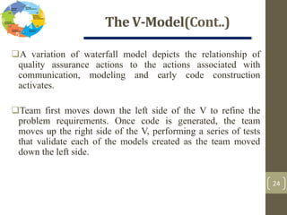 The V-Model(Cont..)
24
A variation of waterfall model depicts the relationship of
quality assurance actions to the actions associated with
communication, modeling and early code construction
activates.
Team first moves down the left side of the V to refine the
problem requirements. Once code is generated, the team
moves up the right side of the V, performing a series of tests
that validate each of the models created as the team moved
down the left side.
 