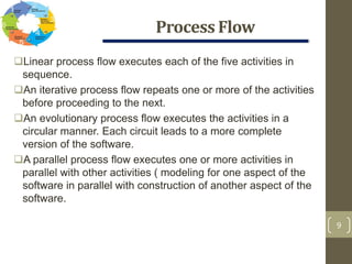 Process Flow
9
Linear process flow executes each of the five activities in
sequence.
An iterative process flow repeats one or more of the activities
before proceeding to the next.
An evolutionary process flow executes the activities in a
circular manner. Each circuit leads to a more complete
version of the software.
A parallel process flow executes one or more activities in
parallel with other activities ( modeling for one aspect of the
software in parallel with construction of another aspect of the
software.
 