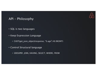 API – Philosophy
• SQL is two languages
• Keep Expression Language
• CAST(get_json_object(response, “$.age”) AS BIGINT)
• Control Structural language
• GROUPBY, JOIN, HAVING, SELECT, WHERE, FROM
 