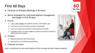  Continue to Schedule Meetings in Territory
 Refine strategies for continued pipeline management
that began in first 30 days.
 Process
 1-on-1s with manager for pipeline coaching, review goals, opps
 Learn how to work with alliance partners if applicable
 Learn more advanced activities of sales process such as POCs
 Complete mastery of unique insights of products and services offered to
differentiate the company.
 Products
 Mastered Sales Pitch and Presentations
 Mastered Price List and Discounting Policies
 Celebrate Successes
First 60 Days 60Day Plan
Goal is to optimize the sales plan based territory coverage and sales/channel capacity.
 