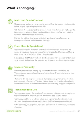 59K-FORETHOUGHTS
What’s changing?
Multi and Omni-Channel
Modern Proximity
Source: Kantar Worldpanel | Brand Footprint 2018
Shoppers now go to more channels to serve different shopping missions, with
online playing a growing important role.
Yet, there is strong evidence that online formats–in isolation–are no longer the
best option for winning share. It´s about how online and offline work together
to create a better shopper experience.
It’s now the critical time for current retail giants and manufacturers to
develop an effective omni-channels strategy.
Proximity secures itself among top reasons to choose a store because
Vietnamese consumers have high preference towards convenience and ease
of shopping.
Therefore, it is not surprising to see a dramatic development of the modern
and convenient formats in Vietnam (convenience stores and mini markets),
with the expansion in number of stores as well as strong shopper acceptance.
From Mass to Specialized
We will see more and more new formats of modern retailers in everyday life,
across all industries. Some examples of growing specialized formats are Mom &
Baby stores, Health & Beauty stores, Lifestyle stores…
It is expected that Modern trade will develop towards more specialty and smaller
scale format, and increase the presence with the expansion in number of stores.
Tech Embedded Life
Technology empowers the creation of new occasion enhancement of experience,
digital/mobile order method, auto replenishment and cashless society.
Technology enables us to witness future retail experience where there is more
seamless shopping experience and online and offline boundaries are blurred.
With Technology development, new retail is crossroads of community, leisure and
shopping.
 