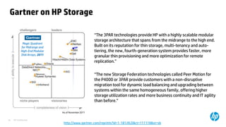 HP Confidential28
Gartner on HP Storage
“The 3PAR technologies provide HP with a highly scalable modular
storage architecture that spans from the midrange to the high end.
Built on its reputation for thin storage, multi-tenancy and auto-
tiering, the new, fourth-generation system provides faster, more
granular thin provisioning and more optimization for remote
replication.”
“The new Storage Federation technologies called Peer Motion for
the P4000 or 3PAR provide customers with a non-disruptive
migration tool for dynamic load balancing and upgrading between
systems within the same homogeneous family, offering higher
storage utilization rates and more business continuity and IT agility
than before.”
http://www.gartner.com/reprints?id=1-181JXLD&ct=111118&st=sb
HP
Magic Quadrant
for Midrange and
High-End Modular
Disk Arrays, 2011
 