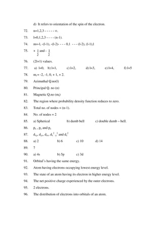 d) It refers to orientation of the spin of the electron.
72. n=1,2,3 - - - - - ∞.
73. l=0,1,2,3 - - - - (n-1).
74. m=-l, -(l-1), -(l-2)- - - - 0,1 - - - (l-2), (l-1),l
75. + 1 and - 1
2 2
76. (2l+1) values.
77. a) l=0, b) l=1, c) l=2, d) l=3, e) l=4, f) l=5
78. ml = -2, -1, 0, + 1, + 2.
79. Azimuthal Q.no(l)
80. Principal Q. no (n)
81. Magnetic Q.no (ml)
82. The region where probability density function reduces to zero.
83. Total no. of nodes = (n-1).
84. No. of nodes = 2
85. a) Spherical b) dumb bell c) double dumb – bell.
86. px , py and pz
87. dxy, dyz, dzx, dx
2
-y
2
and dz
2
88. a) 2 b) 6 c) 10 d) 14
89. 7
90. a) 4s b) 5p c) 3d
91. Orbital’s having the same energy.
92. Atom having electrons occupying lowest energy level.
93. The state of an atom having its electron in higher energy level.
94. The net positive charge experienced by the outer electrons.
95. 2 electrons.
96. The distribution of electrons into orbitals of an atom.
 