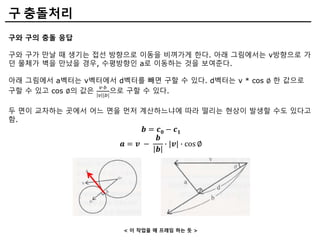 구와 구의 충돌 응답
구와 구가 만날 때 생기는 접선 방향으로 이동을 비껴가게 한다. 아래 그림에서는 v방향으로 가
던 물체가 벽을 만났을 경우, 수평방향인 a로 이동하는 것을 보여준다.
아래 그림에서 a벡터는 v벡터에서 d벡터를 빼면 구할 수 있다. d벡터는 v * cos ∅ 한 값으로
구할 수 있고 cos ∅의 값은
𝑣∙𝑏
𝑣 |𝑏|
으로 구할 수 있다.
두 면이 교차하는 곳에서 어느 면을 먼저 계산하느냐에 따라 떨리는 현상이 발생할 수도 있다고
함.
구 충돌처리
< 이 작업을 매 프레임 하는 듯 >
𝒃 = 𝒄 𝟎 − 𝒄 𝟏
𝒂 = 𝒗 −
𝒃
𝒃
∙ |𝒗| ∙ cos ∅
 