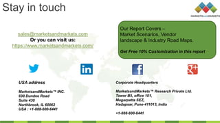 Stay in touch
sales@marketsandmarkets.com
Or you can visit us:
https://www.marketsandmarkets.com/
USA address
MarketsandMarkets™ INC.
630 Dundee Road
Suite 430
Northbrook, IL 60062
USA : +1-888-600-6441
Corporate Headquarters
MarketsandMarkets™ Research Private Ltd.
Tower B5, office 101,
Magarpatta SEZ,
Hadapsar, Pune-411013, India
+1-888-600-6441
Our Report Covers –
Market Scenarios, Vendor
landscape & Industry Road Maps.
Get Free 10% Customization in this report
 