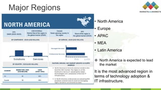 Major Regions
• North America
• Europe
• APAC
• MEA
• Latin America
 North America is expected to lead
the market
It is the most advanced region in
terms of technology adoption &
IT infrastructure.
 