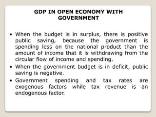 GDP IN OPEN ECONOMY WITH
GOVERNMENT
• When the budget is in surplus, there is positive
public saving, because the government is
spending less on the national product than the
amount of income that it is withdrawing from the
circular flow of income and spending.
• When the government budget is in deficit, public
saving is negative.
• Government spending and tax rates are
exogenous factors while tax revenue is an
endogenous factor.
 