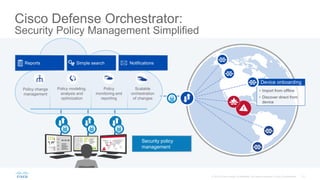 Cisco Defense Orchestrator:
Security Policy Management Simplified
Policy change
management
Policy modeling,
analysis and
optimization
Policy
monitoring and
reporting
Scalable
orchestration
of changes
Simple searchReports Notifications
Security policy
management
• Import from offline
• Discover direct from
device
Device onboarding
 