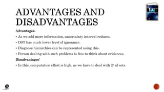 (CentreforKnowledgeTransfer)
institute
Advantages:
 As we add more information, uncertainty interval reduces.
 DST has much lower level of ignorance.
 Diagnose hierarchies can be represented using this.
 Person dealing with such problems is free to think about evidences.
Disadvantages:
 In this, computation effort is high, as we have to deal with 2n of sets.
 