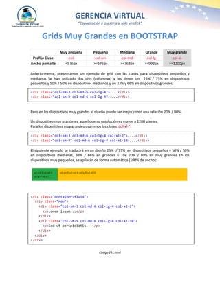 GERENCIA VIRTUAL
“Capacitación y asesoría a solo un click”
Grids Muy Grandes en BOOTSTRAP
Muy pequeña Pequeño Mediana Grande Muy grande
Prefijo Clase .col- .col-sm- .col-md- .col-lg- .col-xl-
Ancho pantalla <576px >=576px >=768px >=992px >=1200px
Anteriormente, presentamos un ejemplo de grid con las clases para dispositivos pequeños y
medianos. Se han utilizado dos divs (columnas) y les dimos un 25% / 75% en dispositivos
pequeños y 50% / 50% en dispositivos medianos y un 33% y 66% en dispositivos grandes.
Pero en los dispositivos muy grandes el diseño puede ser mejor como una relación 20% / 80%.
Un dispositivo muy grande es aquel que su resolución es mayor a 1200 pixeles.
Para los dispositivos muy grandes usaremos las clases .col-xl-*:
El siguiente ejemplo se traducirá en un diseño 25% / 75% en dispositivos pequeños y 50% / 50%
en dispositivos medianas, 33% / 66% en grandes y de 20% / 80% en muy grandes. En los
dispositivos muy pequeños, se apilarán de forma automática (100% de ancho):
Código 241.html
<div class="col-sm-3 col-md-6 col-lg-4">....</div>
<div class="col-sm-9 col-md-6 col-lg-4">....</div>
<div class="container-fluid">
<div class="row">
<div class="col-sm-3 col-md-6 col-lg-4 col-xl-2">
<p>Lorem ipsum...</p>
</div>
<div class="col-sm-9 col-md-6 col-lg-8 col-xl-10">
<p>Sed ut perspiciatis...</p>
</div>
</div>
</div>
<div class="col-sm-3 col-md-6 col-lg-4 col-xl-2">....</div>
<div class="col-sm-9" col-md-6 col-lg-4 col-xl-10>....</div>
 