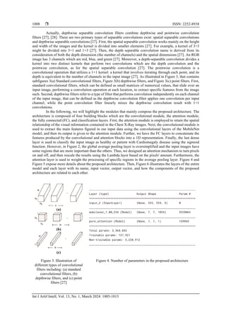  ISSN: 2252-8938
Int J Artif Intell, Vol. 13, No. 1, March 2024: 1005-1013
1008
Actually, depthwise separable convolution filters combine depthwise and pointwise convolution
filters [27], [28]. There are two primary types of separable convolutions exist: spatial separable convolutions
and depthwise separable convolutions [27]. First, the spatial separable convolution works mainly on the height
and width of the images and the kernel is divided into smaller elements [27]. For example, a kernel of 3×3
might be divided into 3×1 and 1×3 [27]. Then, the depth separable convolution name is derived from its
consideration of both the depth dimension (the number of channels) and the spatial dimensions [27]. An RGB
image has 3 channels which are red, blue, and green [27]. Moreover, a depth-separable convolution divides a
kernel into two distinct kernels that perform two convolutions which are the depth convolution and the
pointwise convolution, as for the spatial separable convolution [27]. The pointwise convolution is a
convolutional operation that utilizes a 1×1 kernel: a kernel that involves iterating through each point, and its
depth is equivalent to the number of channels in the input image [27]. As illustrated in Figure 3, that contains
subfigures 3(a) Standard convolutional filters, Figure 3(b) depthwise filters, and Figure 3(c) point filters. First,
standard convolutional filters, which can be defined as small matrices of numerical values, that slide over an
input image, performing a convolution operation at each location, to extract specific features from the image
such. Second, depthwise filters refer to a type of filter that performs convolution independently on each channel
of the input image, that can be defined as the depthwise convolution filter applies one convolution per input
channel, while the point convolution filter linearly mixes the depthwise convolution result with 1×1
convolutions.
In the following, we will highlight the modules that mainly compose the proposed architecture. The
architecture is composed of four building blocks which are the convolutional module, the attention module,
the fully connected (FC), and classification layers. First, the attention module is employed to retain the spatial
relationship of the visual information contained in the Chest X-Ray images. Next, the convolutional module is
used to extract the main features figured in our input data using the convolutional layers of the MobileNet
model, and then its output is given to the attention module. Further, we have the FC layers to concatenate the
features produced by the convolutional and attention blocks into a 1D representation. Finally, the last dense
layer is used to classify the input image as healthy or patient with Cardiomegaly disease using the sigmoid
function. However, in Figure 2, the global average pooling layer is oversimplified and the input images have
some regions that are more important than the others. Thus, we designed an attention mechanism to turn pixels
on and off, and then rescale the results using the Lambda layer based on the pixels' amount. Furthermore, the
attention layer is used to weight the processing of specific regions in the average pooling layer. Figure 4 and
Figure 5 expose more details about the proposed architecture. Then, Figure 6 illustrates the layers of the entire
model and each layer with its name, input vector, output vector, and how the components of the proposed
architecture are related to each other.
(a)
(b)
(c)
Figure 3. Illustration of
different types of convolutional
filters including: (a) standard
convolutional filters, (b)
depthwise filters, and (c) point
filters [27]
Figure 4. Number of parameters in the proposed architecture
 