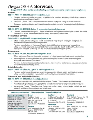 19
Oregon OSHA offers a wide variety of safety and health services to employers and employees:
Appeals
503-947-7426; 800-922-2689; admin.web@state.or.us
•	 Provides the opportunity for employers to hold informal meetings with Oregon OSHA on concerns
about workplace safety and health.
•	 Discusses Oregon OSHA’s requirements and clarifies workplace safety or health violations.
•	 Discusses abatement dates and negotiates settlement agreements to resolve disputed citations.
Conferences
503-378-3272; 888-292-5247, Option 1; oregon.conferences@state.or.us
•	 Co-hosts conferences throughout Oregon that enable employees and employers to learn and share
ideas with local and nationally recognized safety and health professionals.
Consultative Services
503-378-3272; 800-922-2689; consult.web@state.or.us
•	 Offers no-cost, on-site safety and health assistance to help Oregon employers recognize and
correct workplace safety and health problems.
•	 Provides consultations in the areas of safety, industrial hygiene, ergonomics, occupational
safety and health programs, assistance to new businesses, the Safety and Health Achievement
Recognition Program (SHARP), and the Voluntary Protection Program (VPP).
Enforcement
503-378-3272; 800-922-2689; enforce.web@state.or.us
•	 Offers pre-job conferences for mobile employers in industries such as logging and construction.
•	 Inspects places of employment for occupational safety and health hazards and investigates
workplace complaints and accidents.
•	 Provides abatement assistance to employers who have received citations and provides compliance
and technical assistance by phone.
Public Education
503-947-7443; 888-292-5247, Option 2; ed.web@state.or.us
•	 Provides workshops and materials covering management of basic safety and health programs,
safety committees, accident investigation, technical topics, and job safety analysis.
Standards and Technical Resources
503-378-3272; 800-922-2689; tech.web@state.or.us
•	 Develops, interprets, and gives technical advice on Oregon OSHA’s safety and health rules.
•	 Publishes safe-practices guides, pamphlets, and other materials for employers and employees
•	 Manages the Oregon OSHA Resource Center, which offers safety videos, books, periodicals, and
research assistance for employers and employees.
Need more information? Call your nearest Oregon OSHA office.
Salem Central Office
350 Winter St. NE, Rm. 430	
Salem, OR 97301-3882
Phone: 503-378-3272 	
Toll-free: 800-922-2689 	 	
Fax: 503-947-7461	
en Español: 800-843-8086	
Web site: www.orosha.org
Bend
Red Oaks Square	
1230 NE Third St., Ste. A-115	
Bend, OR 97701-4374	
541-388-6066	
Consultation: 541-388-6068
Eugene
1140 Willagillespie, Ste. 42	
Eugene, OR 97401-2101	
541-686-7562	
Consultation: 541-686-7913
Medford
1840 Barnett Road, Ste. D	
Medford, OR 97504-8250	
541-776-6030	
Consultation: 541-776-6016
Pendleton
200 SE Hailey Ave.	
Pendleton, OR 97801-3056	
541-276-9175	
Consultation: 541-276-2353
Portland
1750 NW Naito Parkway, Ste. 112	
Portland, OR 97209-2533	
503-229-5910	
Consultation: 503-229-6193
Salem
1340 Tandem Ave. NE, Ste. 160	
Salem, OR 97301	
503-378-3274	
Consultation: 503-373-7819
OregonOSHA Services
 