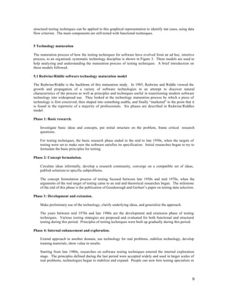 structural testing techniques can be applied to this graphical representation to identify test cases, using data
flow criterion. The main components are still tested with functional techniques.


5 Technology maturation

The maturation process of how the testing techniques for software have evolved from an ad hoc, intuitive
process, to an organized, systematic technology discipline is shown in Figure 3. Three models are used to
help analyzing and understanding the maturation process of testing techniques. A brief introduction on
these models followed.

5.1 Redwine/Riddle software technology maturation model

The Redwine/Riddle is the backbone of this maturation study. In 1985, Redwine and Riddle viewed the
growth and propagation of a variety of software technologies in an attempt to discover natural
characteristics of the process as well as principles and techniques useful in transitioning modern software
technology into widespread use. They looked at the technology maturation process by which a piece of
technology is first conceived, then shaped into something usable, and finally “marketed” to the point that it
is found in the repertoire of a majority of professionals. Six phases are described in Redwine/Riddles
model:

Phase 1: Basic research.

    Investigate basic ideas and concepts, put initial structure on the problem, frame critical research
    questions.

    For testing techniques, the basic research phase ended in the mid to late 1950s, when the targets of
    testing were set to make sure the software satisfies its specification. Initial researches began to try to
    formulate the basic principles for testing.

Phase 2: Concept formulation.

    Circulate ideas informally, develop a research community, converge on a compatible set of ideas,
    publish solutions to specific subproblems.

    The concept formulation process of testing focused between late 1950s and mid 1970s, when the
    arguments of the real target of testing came to an end and theoretical researches began. The milestone
    of the end of this phase is the publication of Goodenough and Gerhart’s paper on testing data selection.

Phase 3: Development and extension.

    Make preliminary use of the technology, clarify underlying ideas, and generalize the approach.

    The years between mid 1970s and late 1980s are the development and extension phase of testing
    techniques. Various testing strategies are proposed and evaluated for both functional and structural
    testing during this period. Principles of testing techniques were built up gradually during this period.

Phase 4: Internal enhancement and exploration.

    Extend approach to another domain, use technology for real problems, stabilize technology, develop
    training materials, show value in results.

    Starting from late 1980s, researches on software testing techniques entered the internal exploration
    stage. The principles defined during the last period were accepted widely and used in larger scales of
    real problems, technologies began to stabilize and expand. People can now hire testing specialists or




                                                                                                              9
 