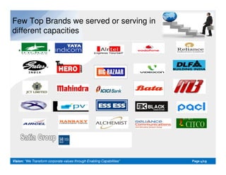 Few Top Brands we served or serving in
different capacities
Vision:Vision: “We Transform corporate values through Enabling Capabilities”“We Transform corporate values through Enabling Capabilities” PagePage 44/19/19
 