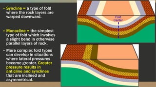 ▪ Syncline = a type of fold
where the rock layers are
warped downward.
▪ Monocline = the simplest
type of fold which involves
a slight bend in otherwise
parallel layers of rock.
▪ More complex fold types
can develop in situations
where lateral pressures
become greater. Greater
pressure results in
anticline and synclines
that are inclined and
asymmetrical.
 